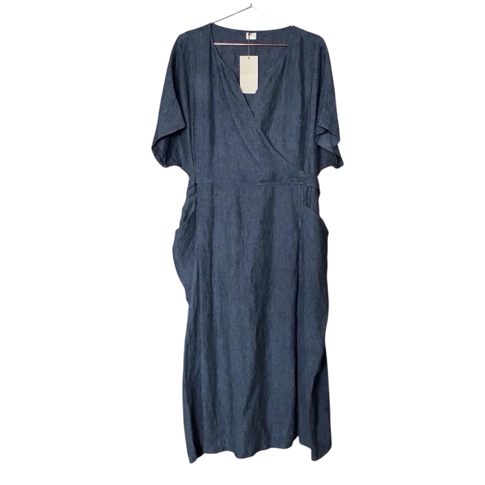NWT POETRY Petrol Blue Linen Tie Back Midi Dress 18 Lagenlook Art To Wear Pocket - Picture 2 of 13
